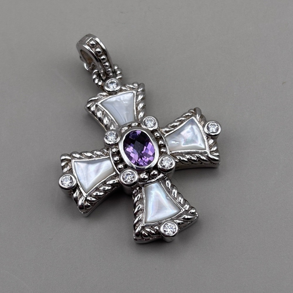 Judith Ripka Maltese Cross Pendant Sterling Silver Mother of Pearl Amethyst CZ